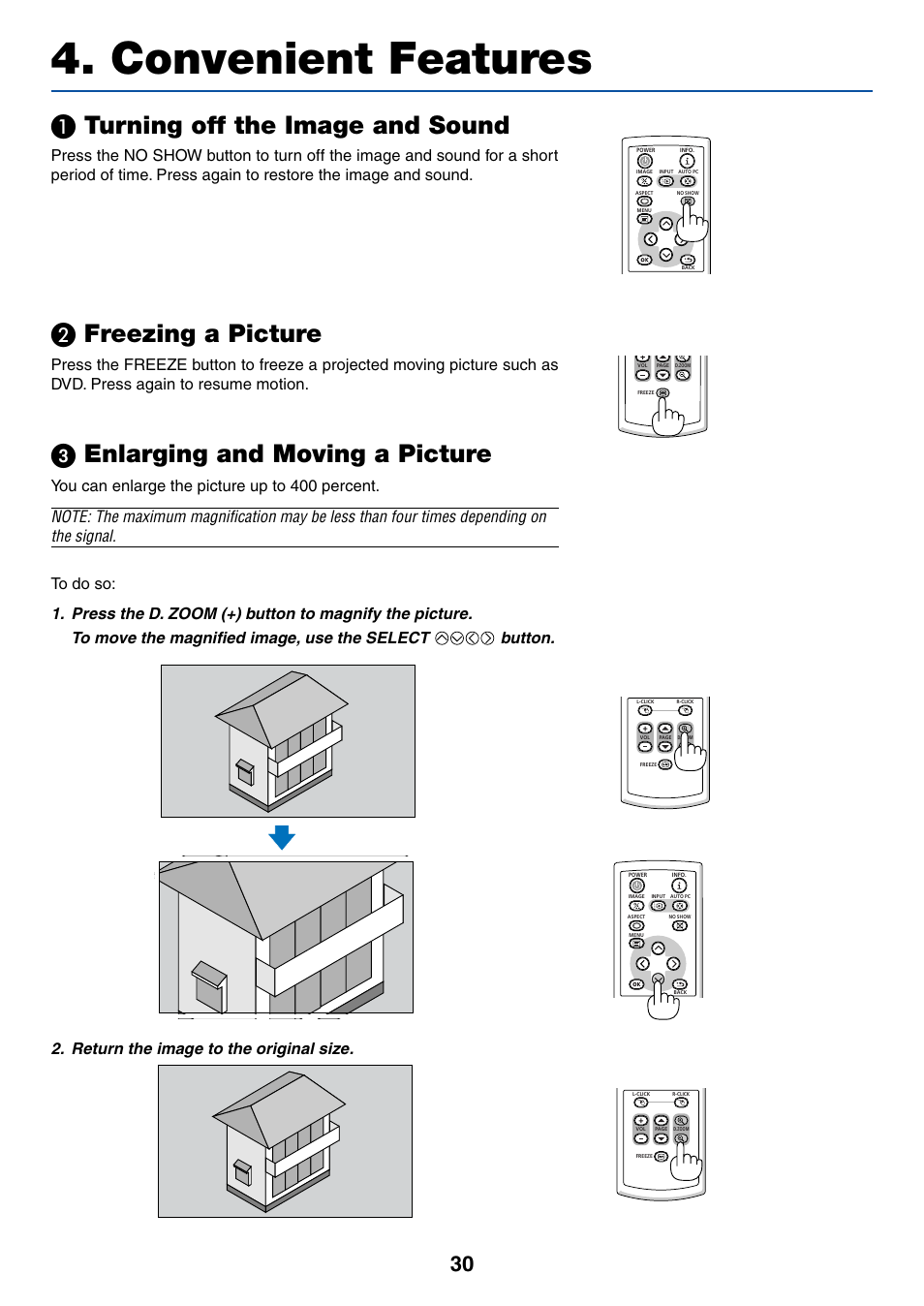 Convenient features, 1) turning off the image and sound, 2) freezing a picture | 3) enlarging and moving a picture, Turning off the image and sound, Freezing a picture, ᕣ enlarging and moving a picture, You can enlarge the picture up to 400 percent | Canon LV-X6 User Manual | Page 39 / 77
