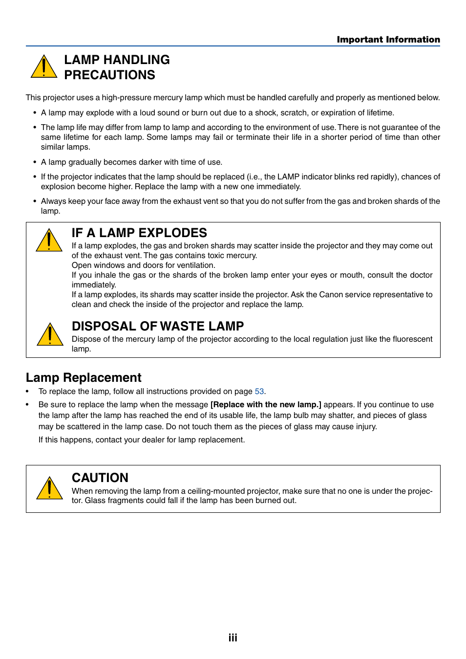 Lamp handling precautions, If a lamp explodes, Disposal of waste lamp | Lamp replacement, Caution | Canon LV-X6 User Manual | Page 4 / 77