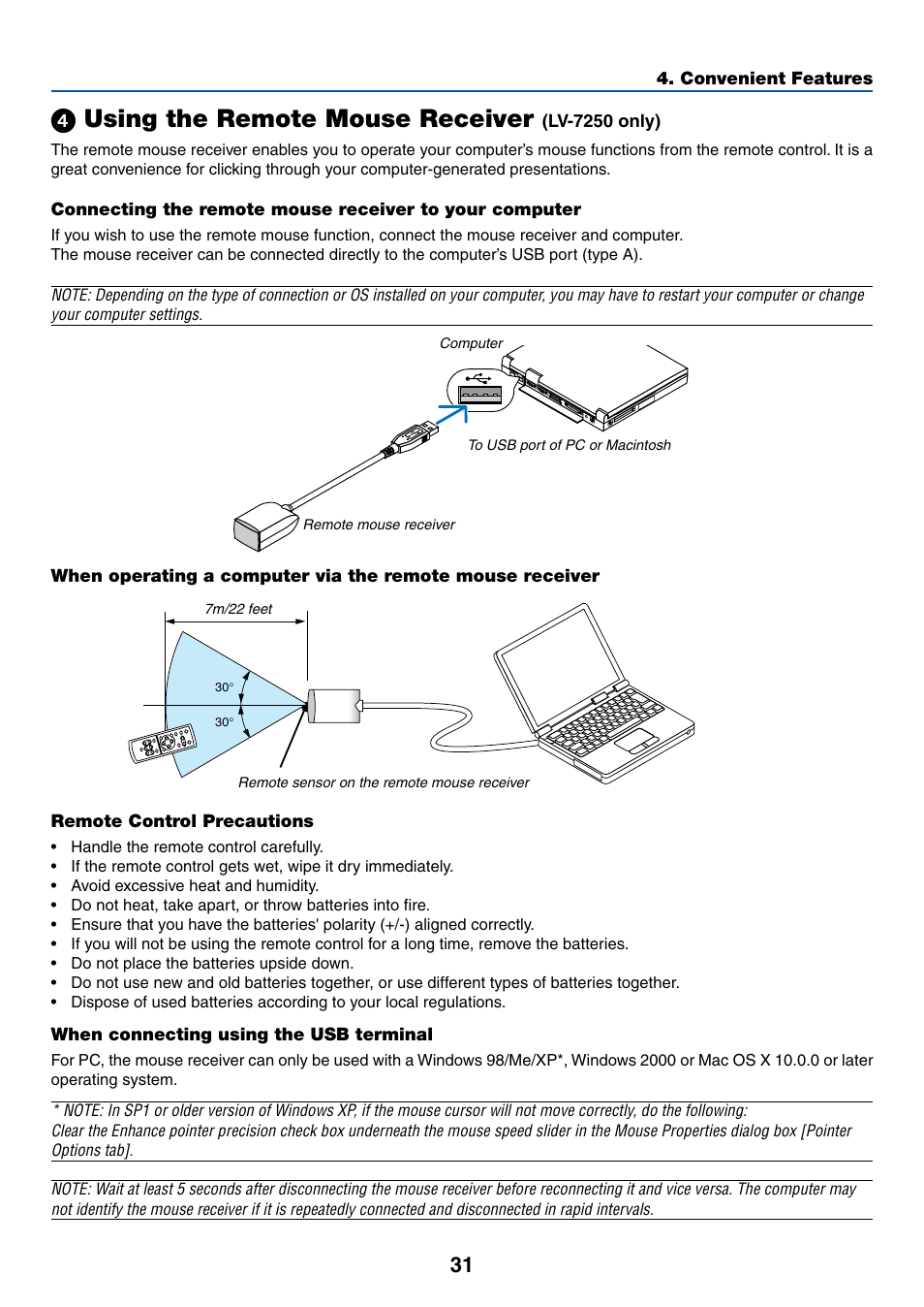 4) using the remote mouse receiver (lv-7250 only), Remote control precautions, When connecting using the usb terminal | ᕤ using the remote mouse receiver (lv-7250 only), ᕤ using the remote mouse receiver | Canon LV-X6 User Manual | Page 40 / 77