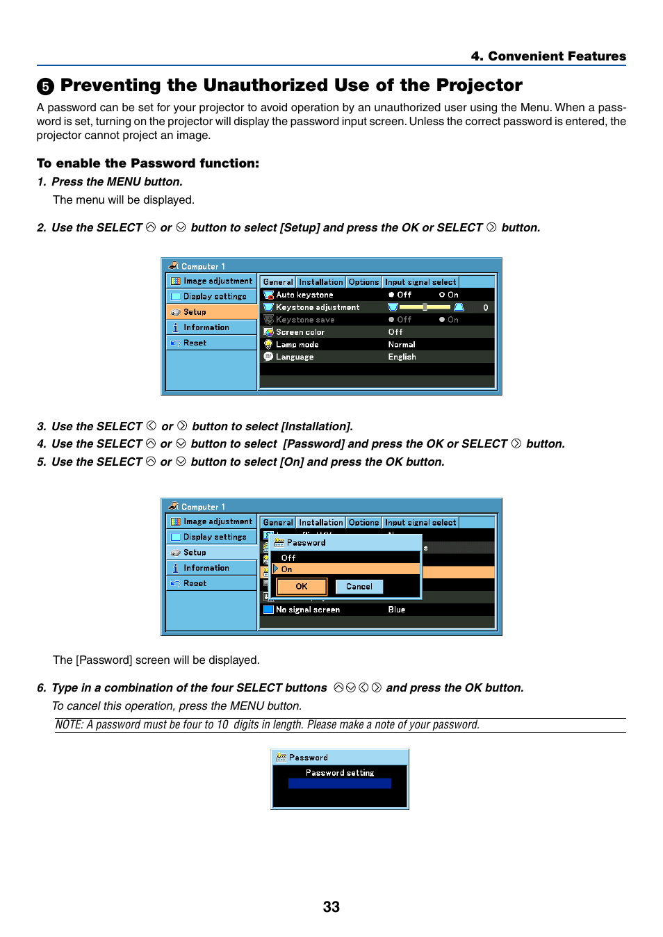 To enable the password function, ᕥ preventing the unauthorized use of the projector | Canon LV-X6 User Manual | Page 42 / 77