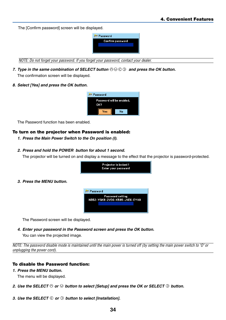 To turn on the projector when password is enabled, To disable the password function | Canon LV-X6 User Manual | Page 43 / 77