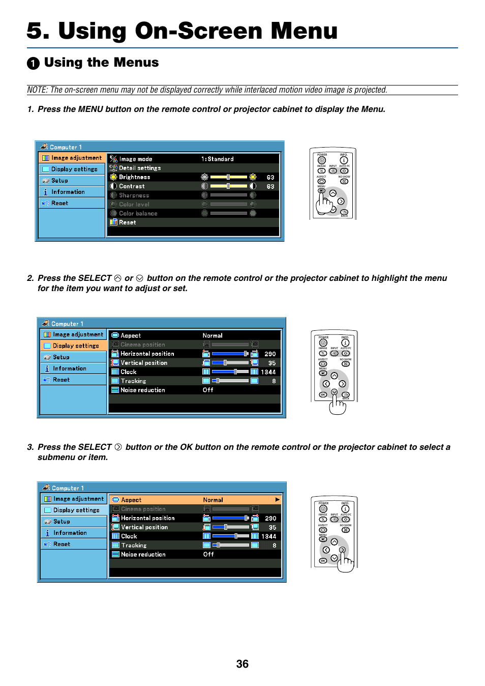 Using on-screen menu, 1) using the menus, ᕡ using the menus | Press the select or | Canon LV-X6 User Manual | Page 45 / 77