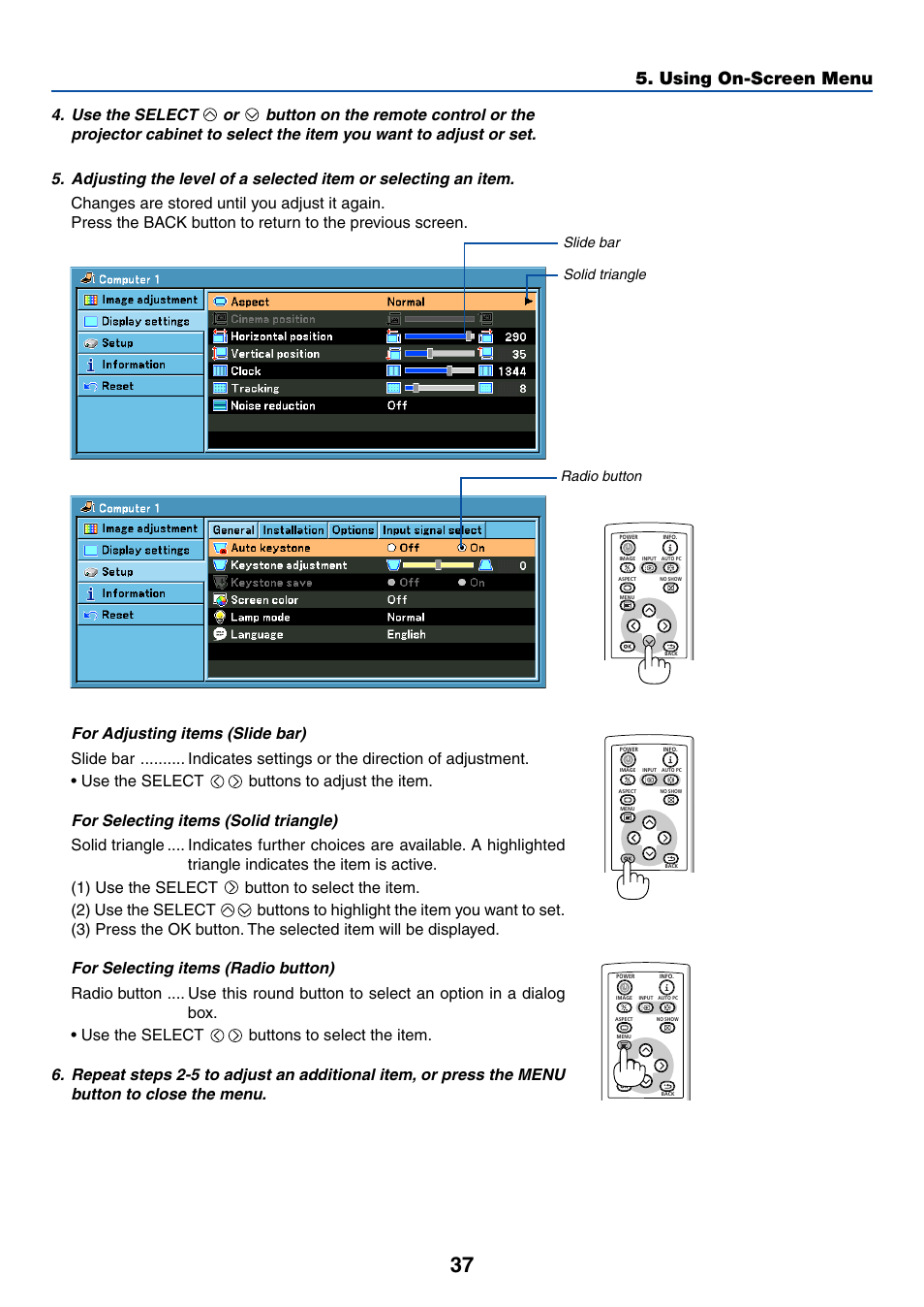 Using on-screen menu, For adjusting items (slide bar), For selecting items (solid triangle) | For selecting items (radio button), Solid triangle slide bar radio button | Canon LV-X6 User Manual | Page 46 / 77