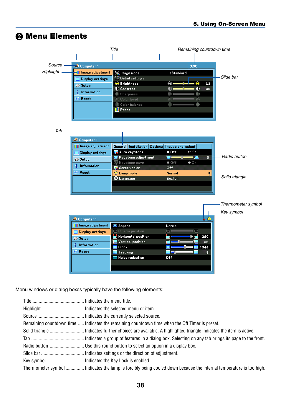 2) menu elements, ᕢ menu elements, Menu elements | Canon LV-X6 User Manual | Page 47 / 77