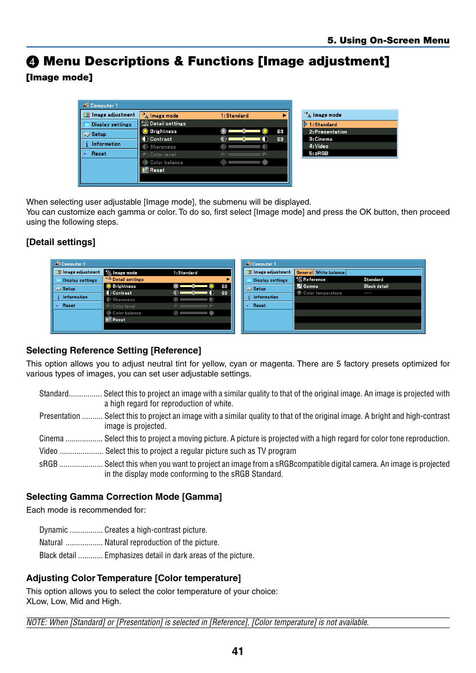 4) menu descriptions & functions [image adjustment, Image mode, Detail settings | Selecting reference setting [reference, Selecting gamma correction mode [gamma, Adjusting color temperature [color temperature, ᕤ menu descriptions & functions [image adjustment, Menu descriptions & functions [image adjustment | Canon LV-X6 User Manual | Page 50 / 77