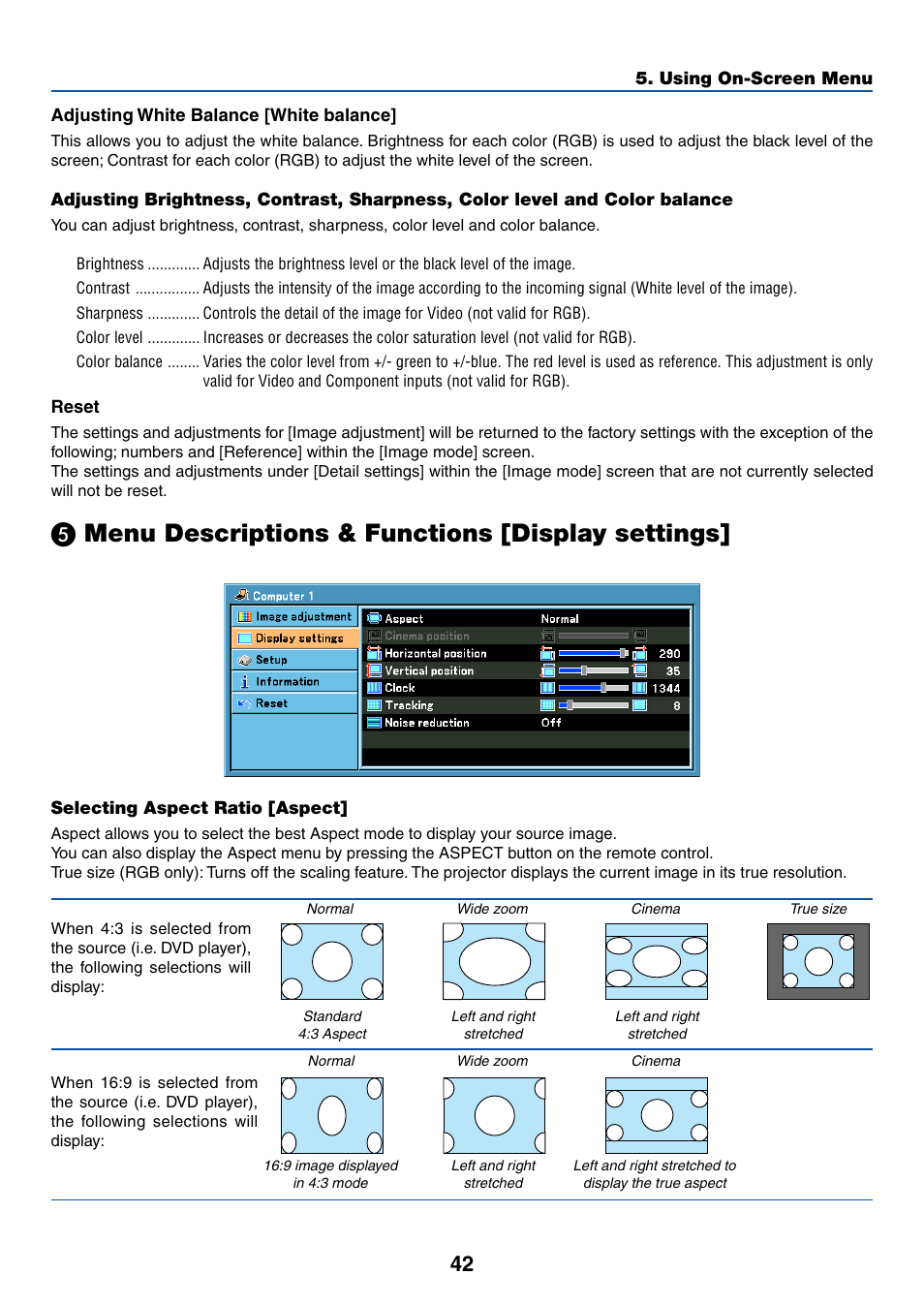 Adjusting white balance [white balance, Reset, 5) menu descriptions & functions [display settings | Selecting aspect ratio [aspect, ᕥ menu descriptions & functions [display settings, Menu descriptions & functions [display settings | Canon LV-X6 User Manual | Page 51 / 77