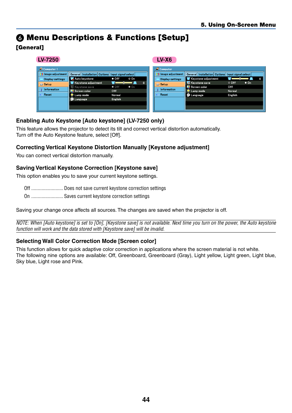 6) menu descriptions & functions [setup, General, Saving vertical keystone correction [keystone save | Selecting wall color correction mode [screen color, ᕦ menu descriptions & functions [setup, Menu descriptions & functions [setup | Canon LV-X6 User Manual | Page 53 / 77