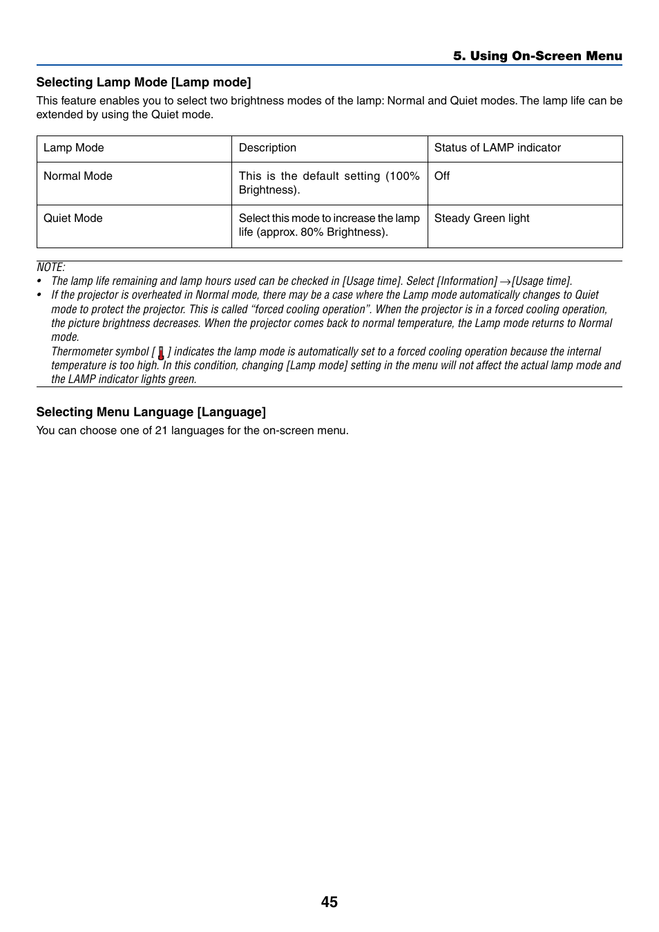 Selecting lamp mode [lamp mode, Selecting menu language [language | Canon LV-X6 User Manual | Page 54 / 77