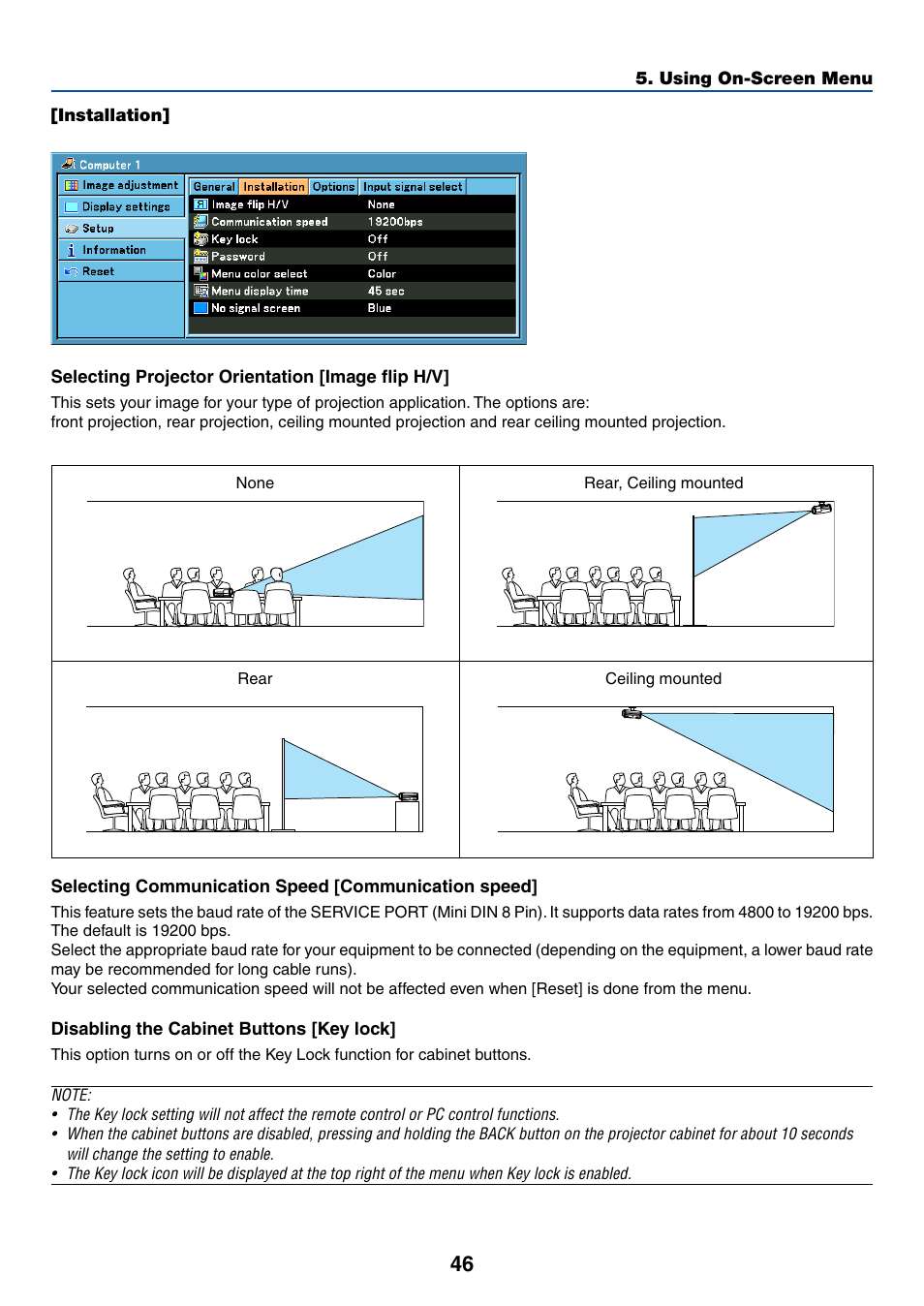 Installation, Selecting projector orientation [image flip h/v, Selecting communication speed [communication speed | Disabling the cabinet buttons [key lock | Canon LV-X6 User Manual | Page 55 / 77