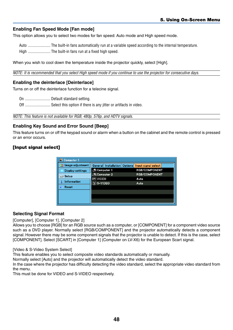 Enabling fan speed mode [fan mode, Enabling the deinterlace [deinterlace, Enabling key sound and error sound [beep | Input signal select, Selecting signal format | Canon LV-X6 User Manual | Page 57 / 77