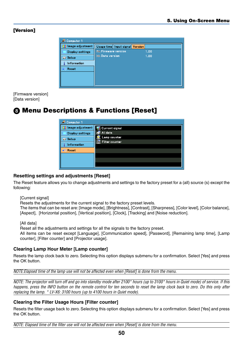 Version, 8) menu descriptions & functions [reset, Resetting settings and adjustments [reset | Clearing lamp hour meter [lamp counter, Clearing the filter usage hours [filter counter, ᕨ menu descriptions & functions [reset | Canon LV-X6 User Manual | Page 59 / 77