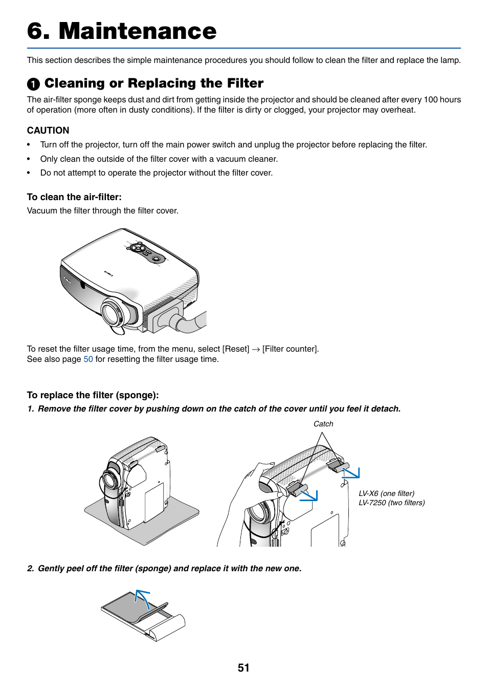 Maintenance, 1) cleaning or replacing the filter, ᕡ cleaning or replacing the filter | Caution, Vacuum the filter through the filter cover, Catch | Canon LV-X6 User Manual | Page 60 / 77