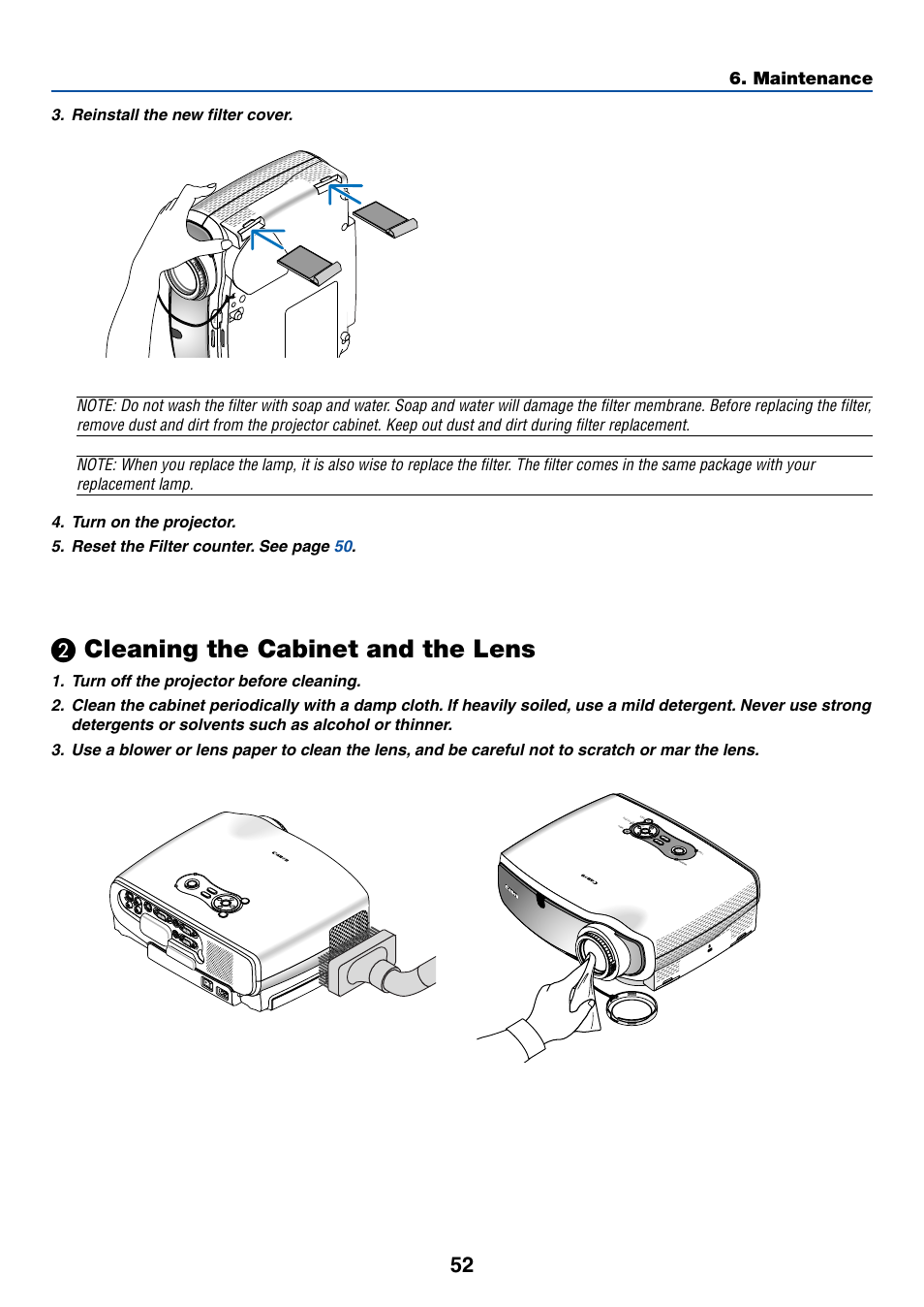 2) cleaning the cabinet and the lens, ᕢ cleaning the cabinet and the lens, Cleaning the cabinet and the lens | Maintenance | Canon LV-X6 User Manual | Page 61 / 77