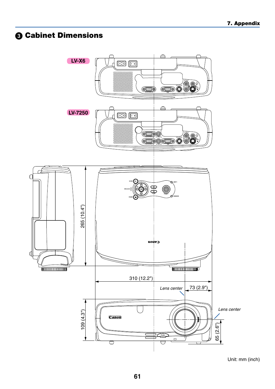 3) cabinet dimensions, ᕣ cabinet dimensions, Appendix | Unit: mm (inch), Lens center | Canon LV-X6 User Manual | Page 70 / 77