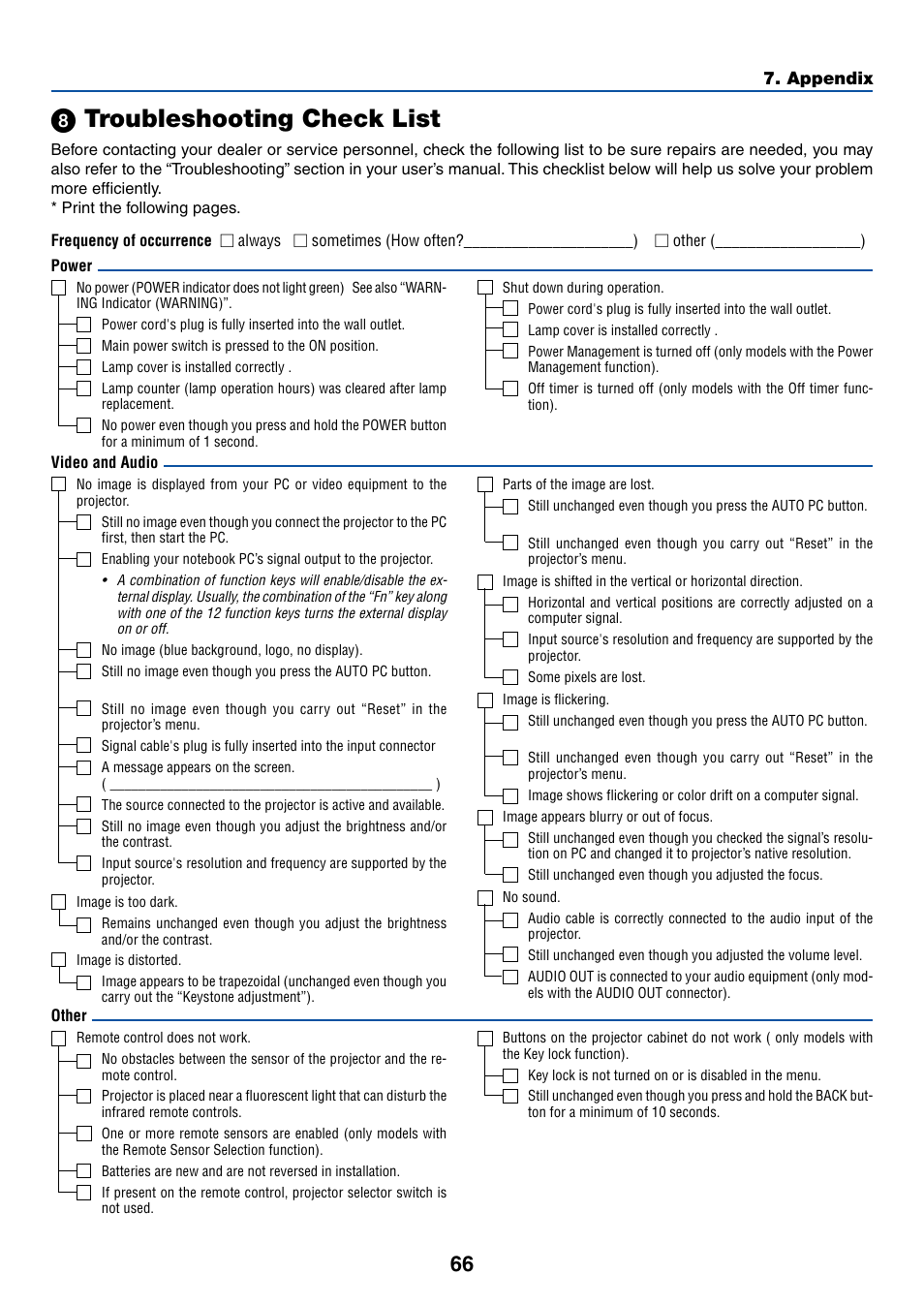 8) troubleshooting check list, ᕨ troubleshooting check list | Canon LV-X6 User Manual | Page 75 / 77