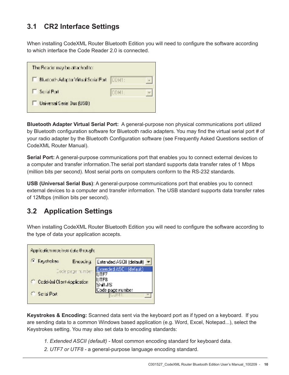 1 cr2 interface settings, 2 application settings | Code CodeXML Router User Manual | Page 13 / 21