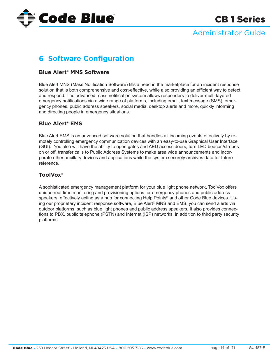 Cb 1 series, Administrator guide 6 software configuration | Code Blue CB 1-E ECONOMICAL HELP POINT User Manual | Page 14 / 71