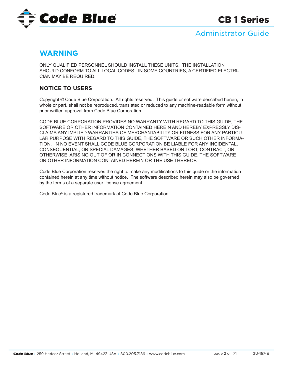 Cb 1 series, Administrator guide warning | Code Blue CB 1-E ECONOMICAL HELP POINT User Manual | Page 2 / 71