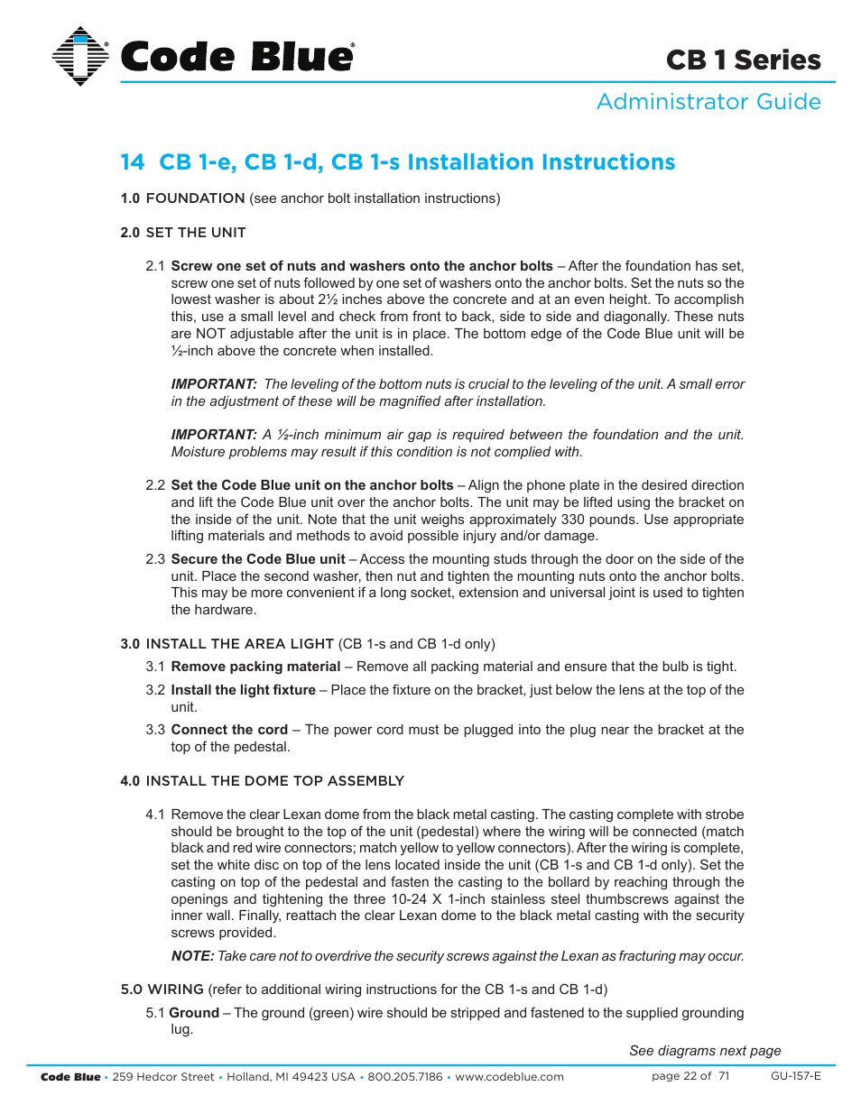 Cb 1 series | Code Blue CB 1-E ECONOMICAL HELP POINT User Manual | Page 22 / 71