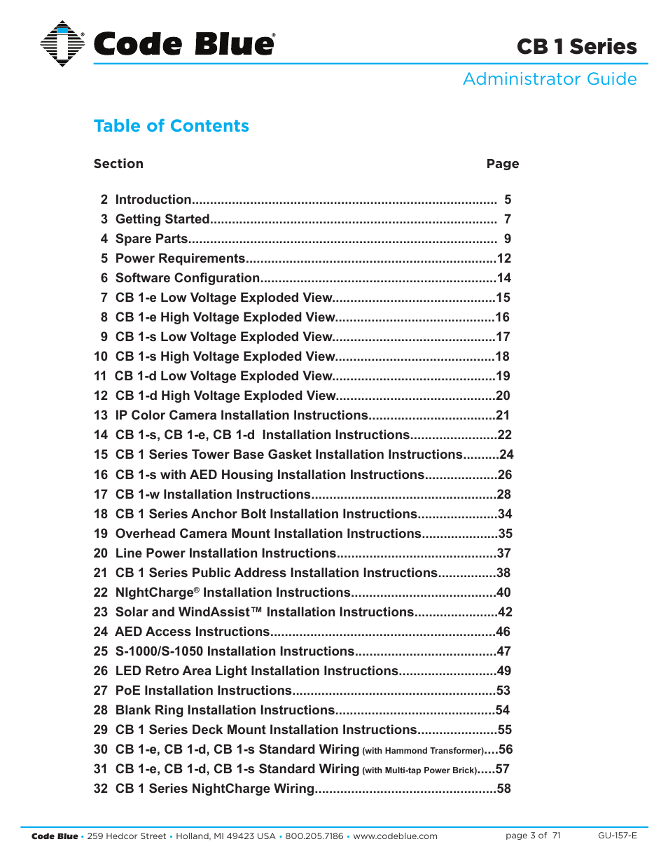 Cb 1 series, Administrator guide table of contents | Code Blue CB 1-E ECONOMICAL HELP POINT User Manual | Page 3 / 71