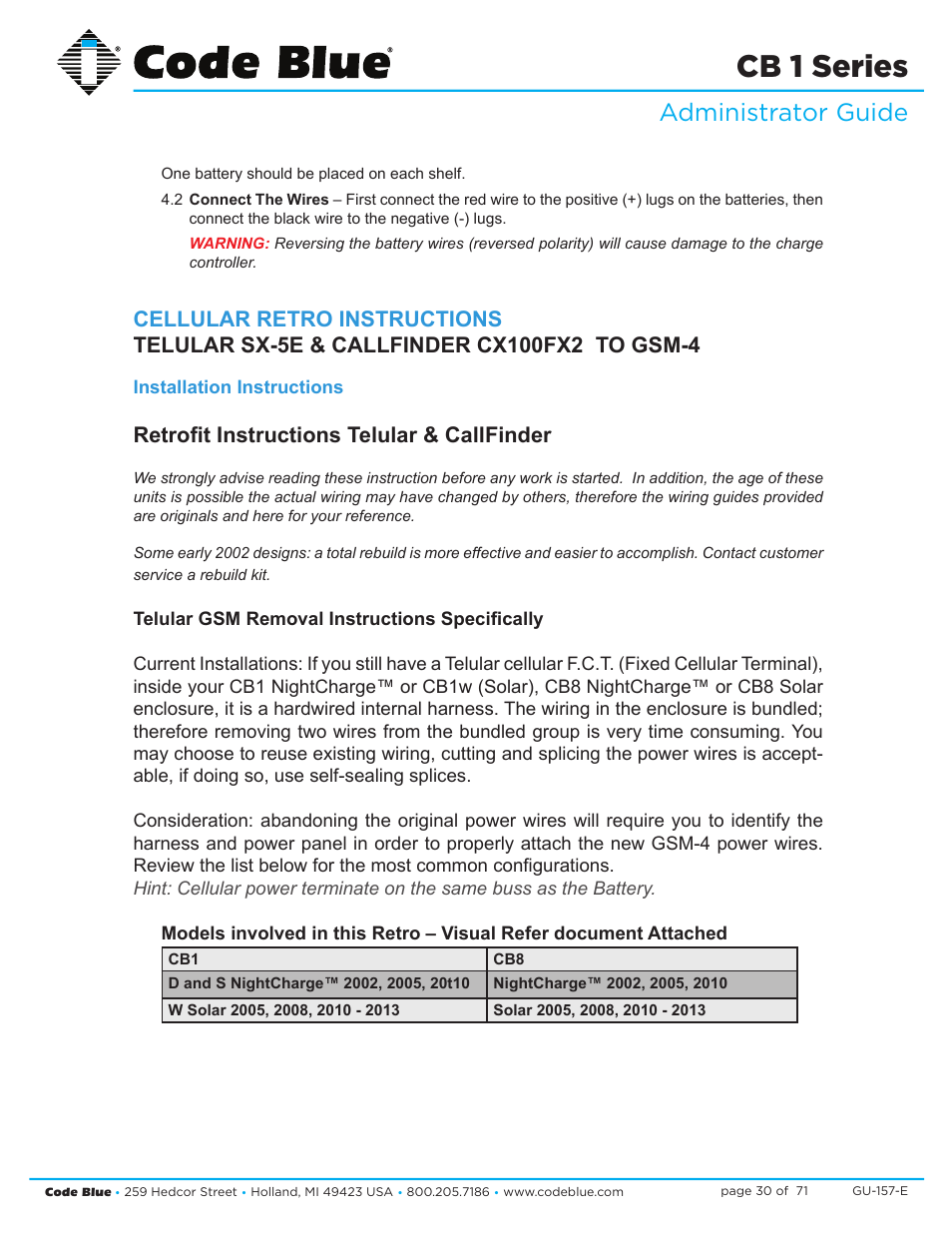 Cb 1 series, Administrator guide, Retrofit instructions telular & callfinder | Code Blue CB 1-E ECONOMICAL HELP POINT User Manual | Page 30 / 71