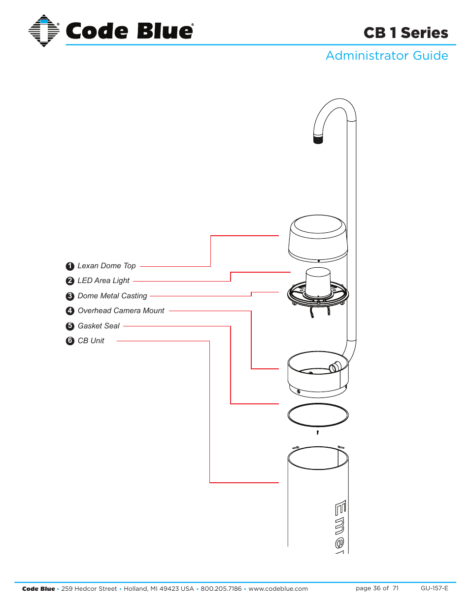 Code blue, Overhead camera mount, Cb 1 series | Installation instructions, Administrator guide | Code Blue CB 1-E ECONOMICAL HELP POINT User Manual | Page 36 / 71