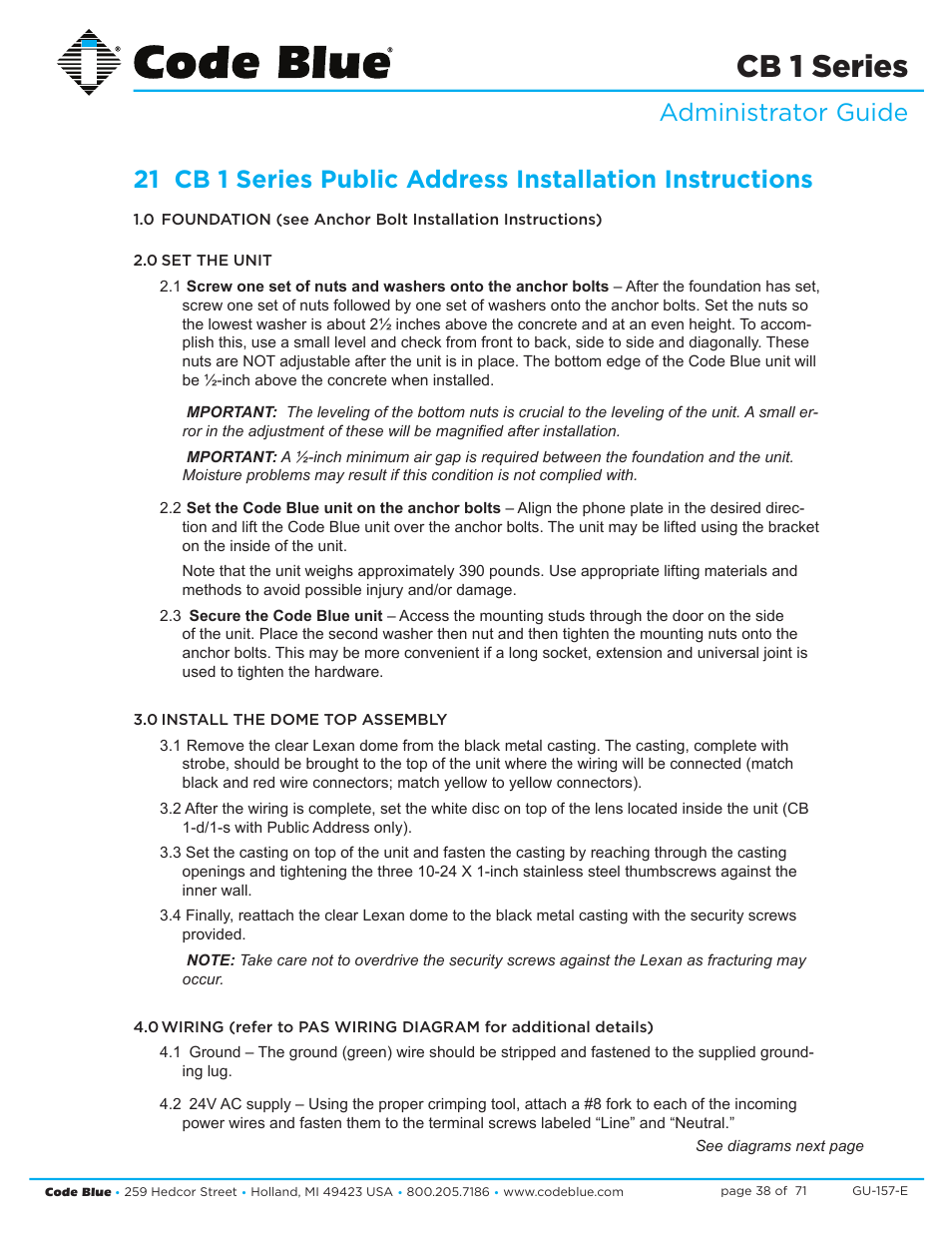 Cb 1 series | Code Blue CB 1-E ECONOMICAL HELP POINT User Manual | Page 38 / 71