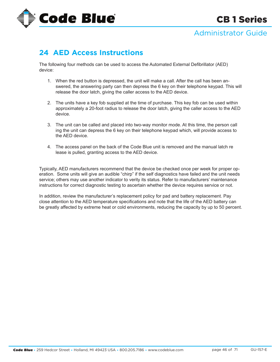 Cb 1 series, Administrator guide 24 aed access instructions | Code Blue CB 1-E ECONOMICAL HELP POINT User Manual | Page 46 / 71