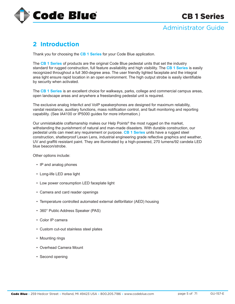 Cb 1 series, Administrator guide 2 introduction | Code Blue CB 1-E ECONOMICAL HELP POINT User Manual | Page 5 / 71