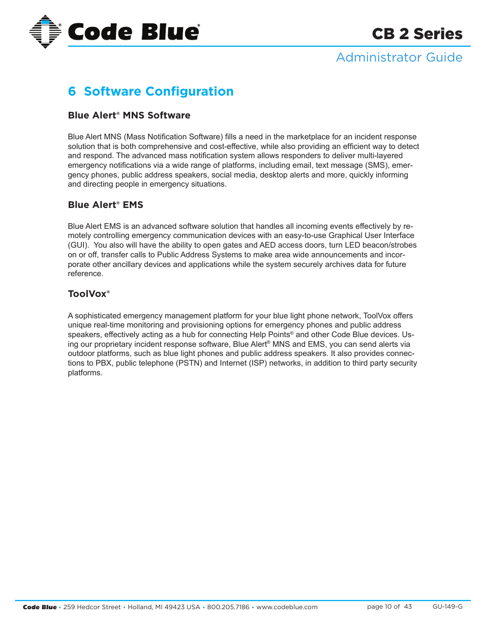 Cb 2 series, Administrator guide 6 software configuration | Code Blue CB 2-E ECONOMICAL WALL MOUNT HELP POINT User Manual | Page 10 / 43