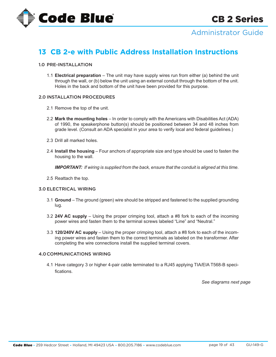 Cb 2 series | Code Blue CB 2-E ECONOMICAL WALL MOUNT HELP POINT User Manual | Page 19 / 43