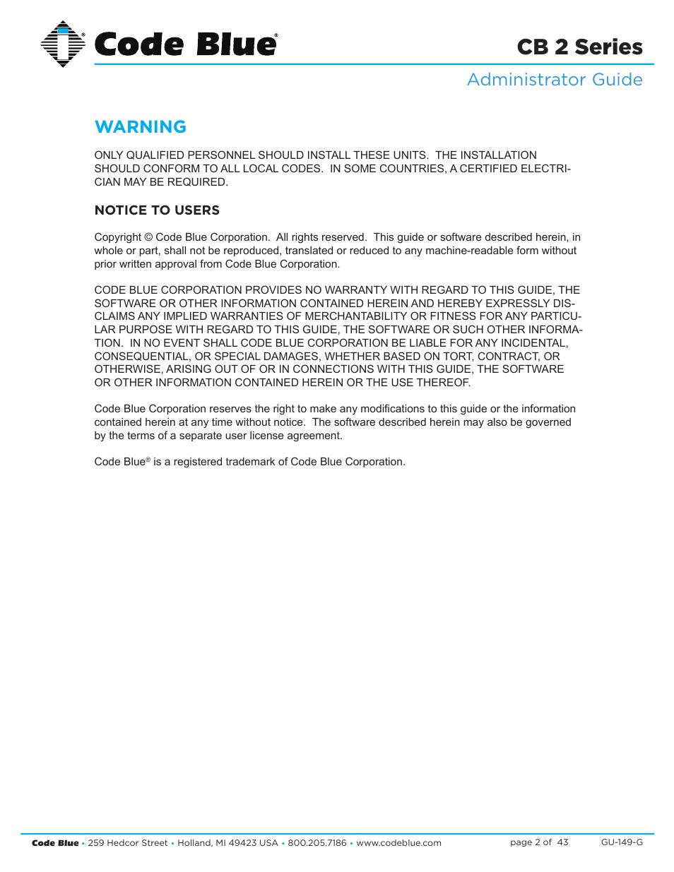 Cb 2 series, Administrator guide warning | Code Blue CB 2-E ECONOMICAL WALL MOUNT HELP POINT User Manual | Page 2 / 43