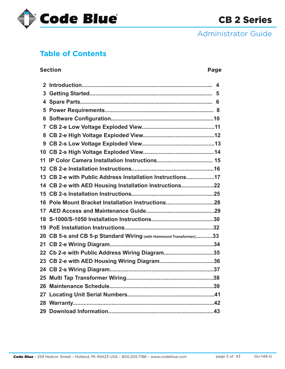 Cb 2 series, Administrator guide table of contents | Code Blue CB 2-E ECONOMICAL WALL MOUNT HELP POINT User Manual | Page 3 / 43