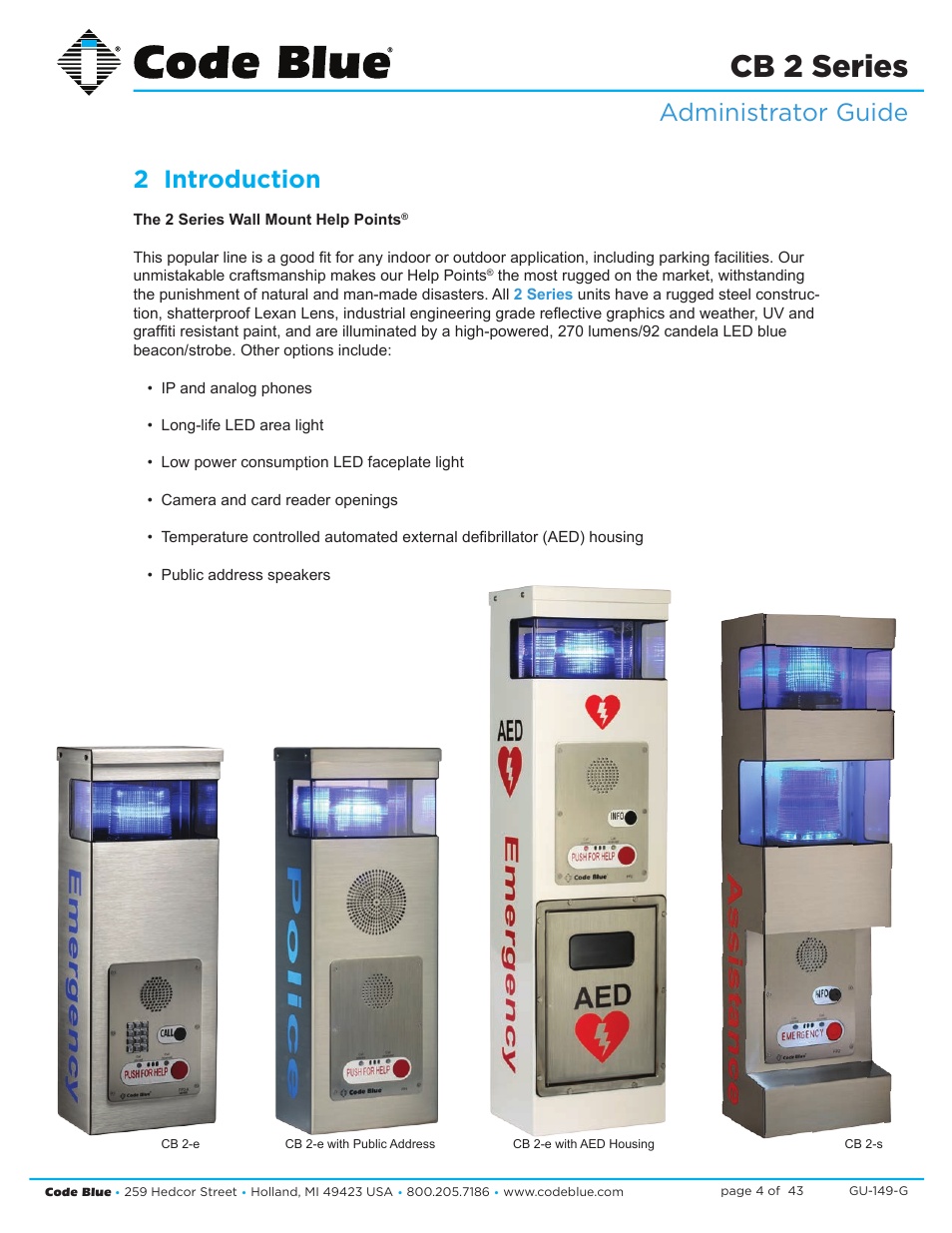 Cb 2 series, Administrator guide 2 introduction | Code Blue CB 2-E ECONOMICAL WALL MOUNT HELP POINT User Manual | Page 4 / 43