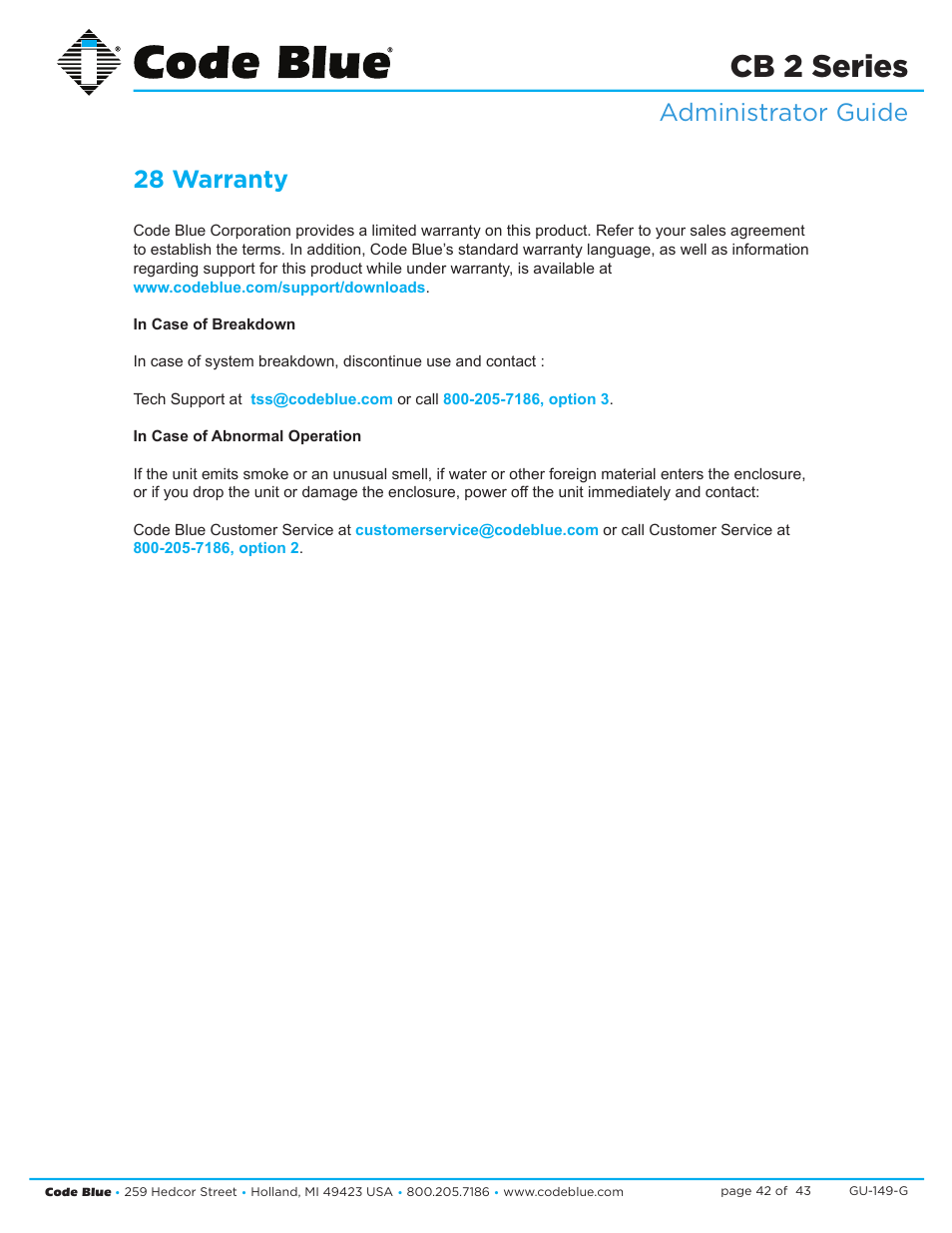 Cb 2 series, Administrator guide 28 warranty | Code Blue CB 2-E ECONOMICAL WALL MOUNT HELP POINT User Manual | Page 42 / 43