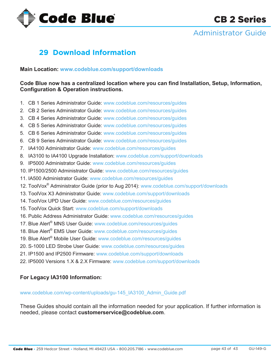 Cb 2 series, Download information, Administrator guide 29 download information | Code Blue CB 2-E ECONOMICAL WALL MOUNT HELP POINT User Manual | Page 43 / 43