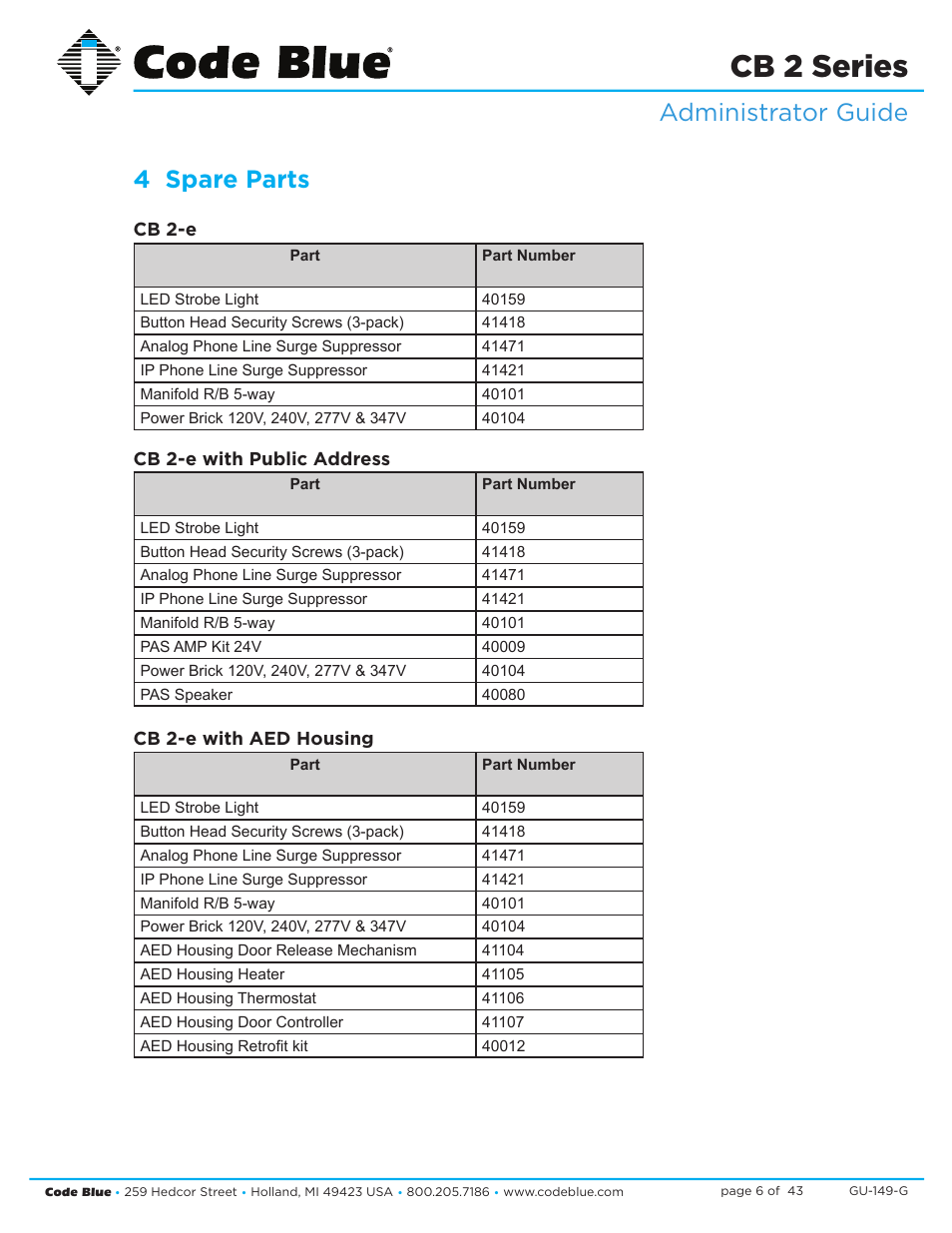 Cb 2 series, Administrator guide 4 spare parts | Code Blue CB 2-E ECONOMICAL WALL MOUNT HELP POINT User Manual | Page 6 / 43