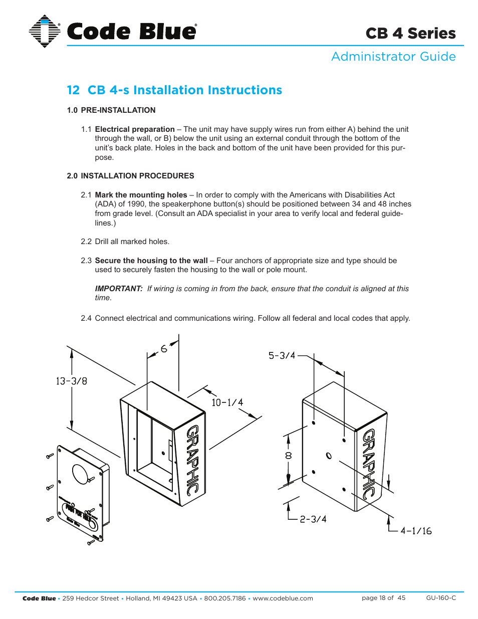 Cb 4 series | Code Blue CB 4-S SIGNATURE WALL/POLE MOUNT ENCLOSURE User Manual | Page 18 / 45