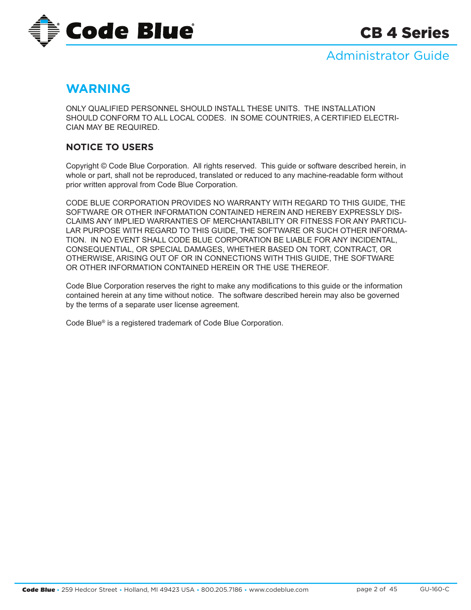 Cb 4 series, Administrator guide warning | Code Blue CB 4-S SIGNATURE WALL/POLE MOUNT ENCLOSURE User Manual | Page 2 / 45