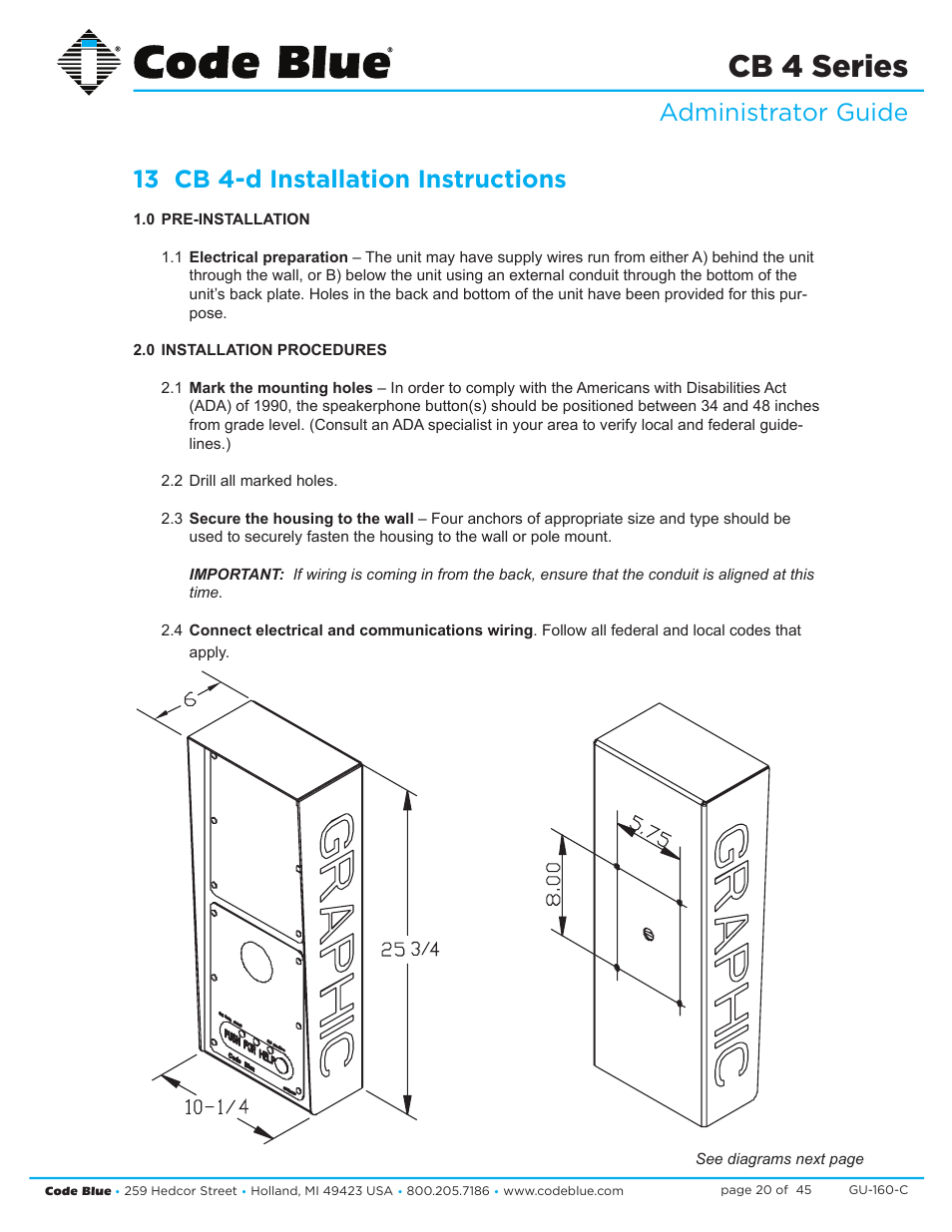 Cb 4 series | Code Blue CB 4-S SIGNATURE WALL/POLE MOUNT ENCLOSURE User Manual | Page 20 / 45