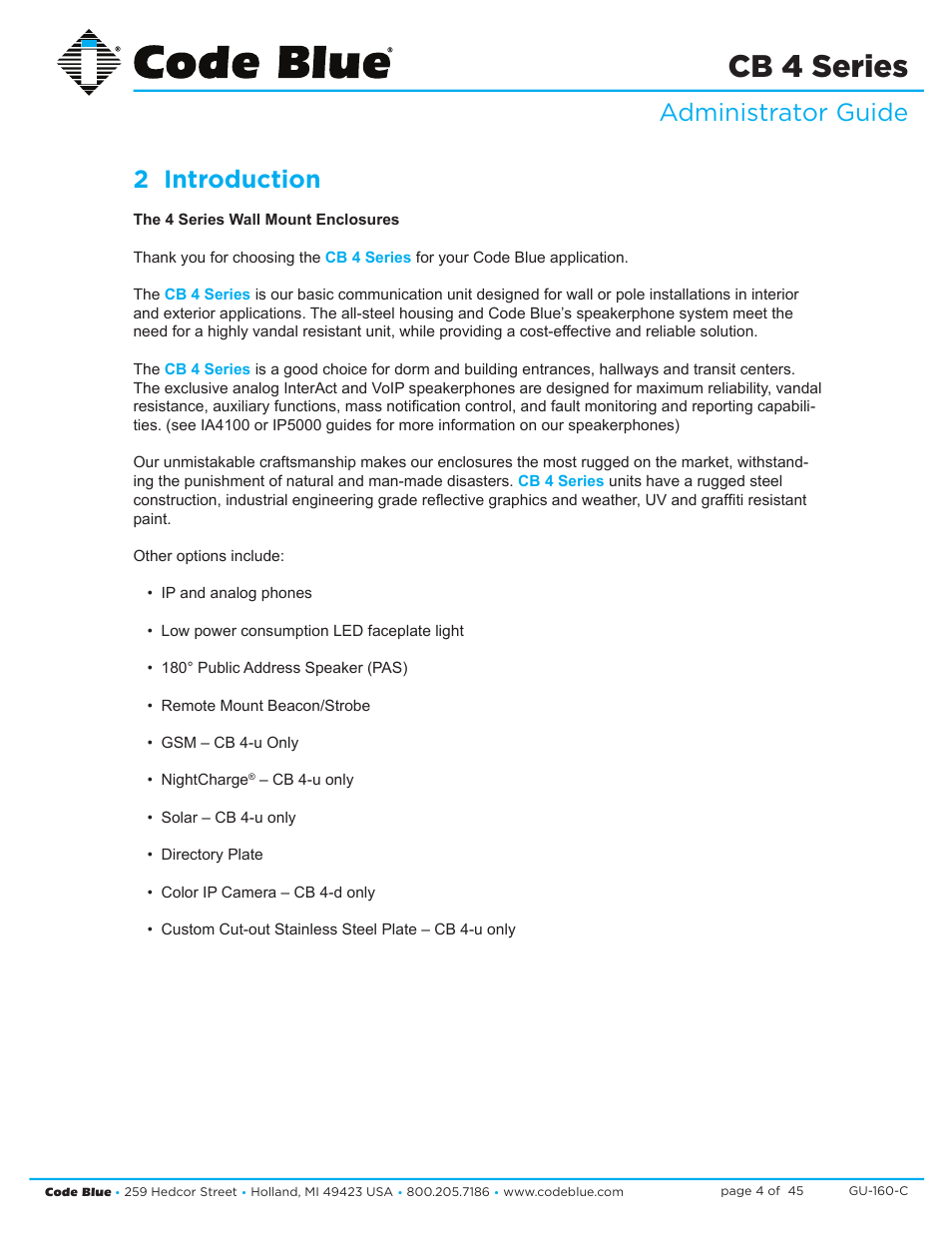 Cb 4 series, Administrator guide 2 introduction | Code Blue CB 4-S SIGNATURE WALL/POLE MOUNT ENCLOSURE User Manual | Page 4 / 45