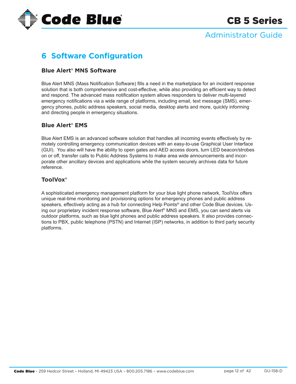 Cb 5 series, Administrator guide 6 software configuration | Code Blue CB 5-S ECONOMICAL SLIM HELP POINT User Manual | Page 12 / 42
