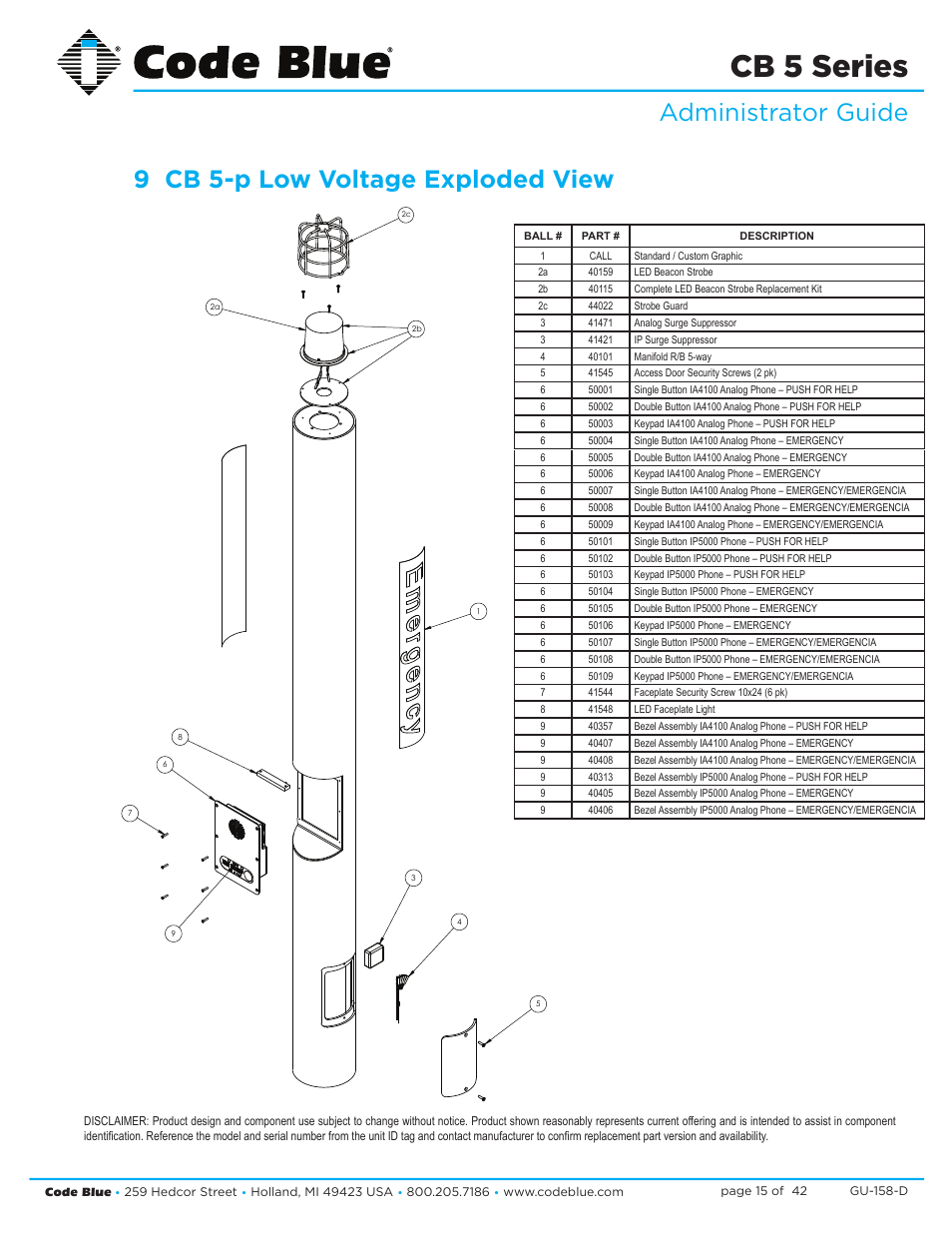 Cb 5 series, Administrator guide, 9 cb 5-p low voltage exploded view | Code Blue CB 5-S ECONOMICAL SLIM HELP POINT User Manual | Page 15 / 42