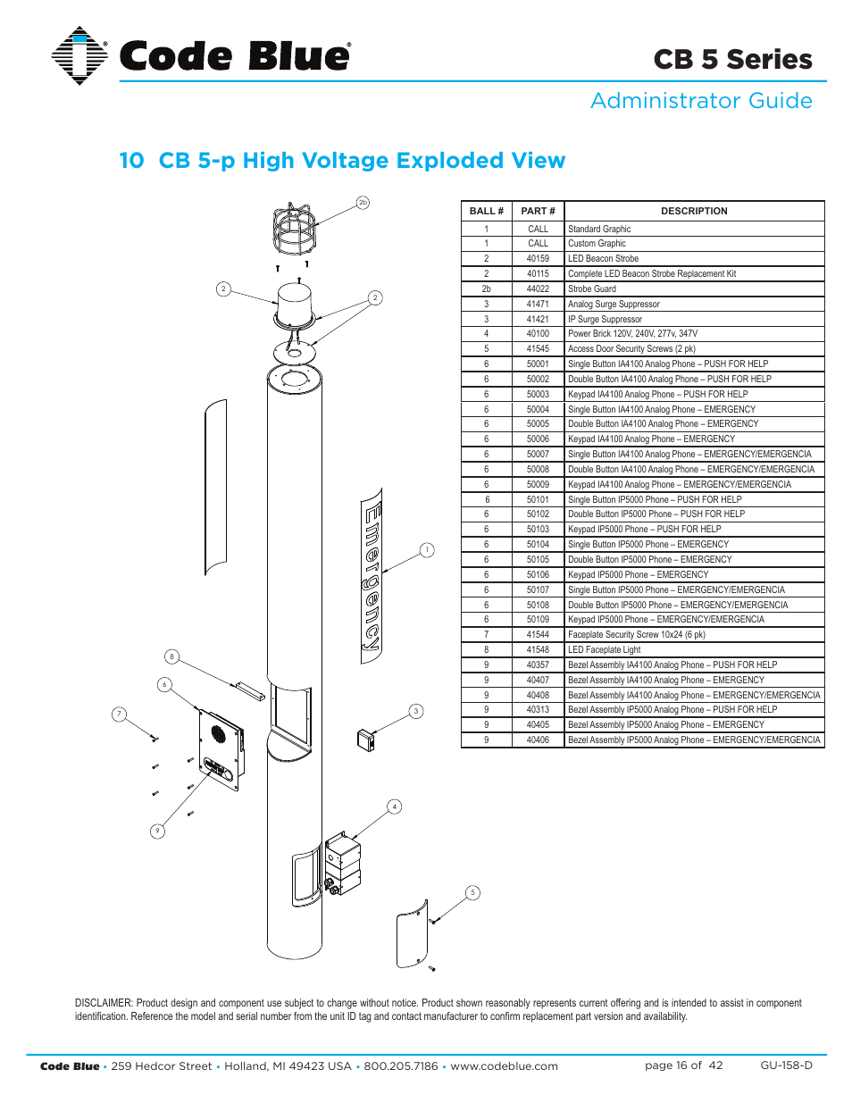 Cb 5 series, Administrator guide, 10 cb 5-p high voltage exploded view | Code Blue CB 5-S ECONOMICAL SLIM HELP POINT User Manual | Page 16 / 42