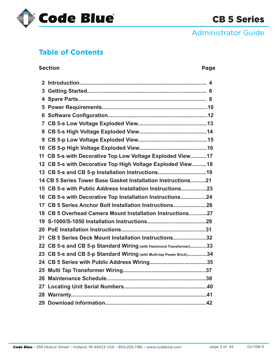 Cb 5 series, Administrator guide table of contents | Code Blue CB 5-S ECONOMICAL SLIM HELP POINT User Manual | Page 3 / 42