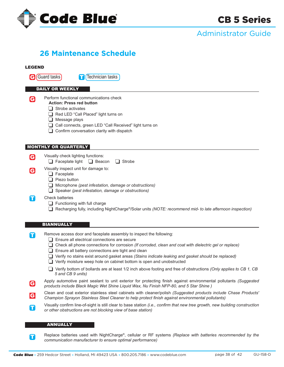 Cb 5 series, Administrator guide 26 maintenance schedule | Code Blue CB 5-S ECONOMICAL SLIM HELP POINT User Manual | Page 38 / 42