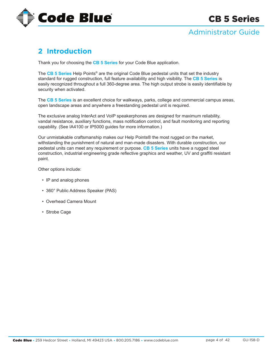 Cb 5 series, Administrator guide 2 introduction | Code Blue CB 5-S ECONOMICAL SLIM HELP POINT User Manual | Page 4 / 42