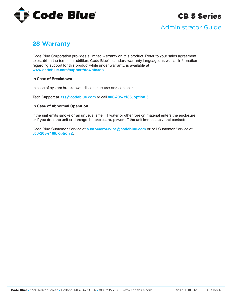 Cb 5 series, Administrator guide 28 warranty | Code Blue CB 5-S ECONOMICAL SLIM HELP POINT User Manual | Page 41 / 42