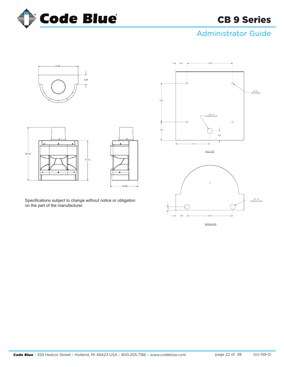 Cb 9 series, Administrator guide | Code Blue CB 9-S SIGNATURE SHORT ENCLOSURE User Manual | Page 22 / 38