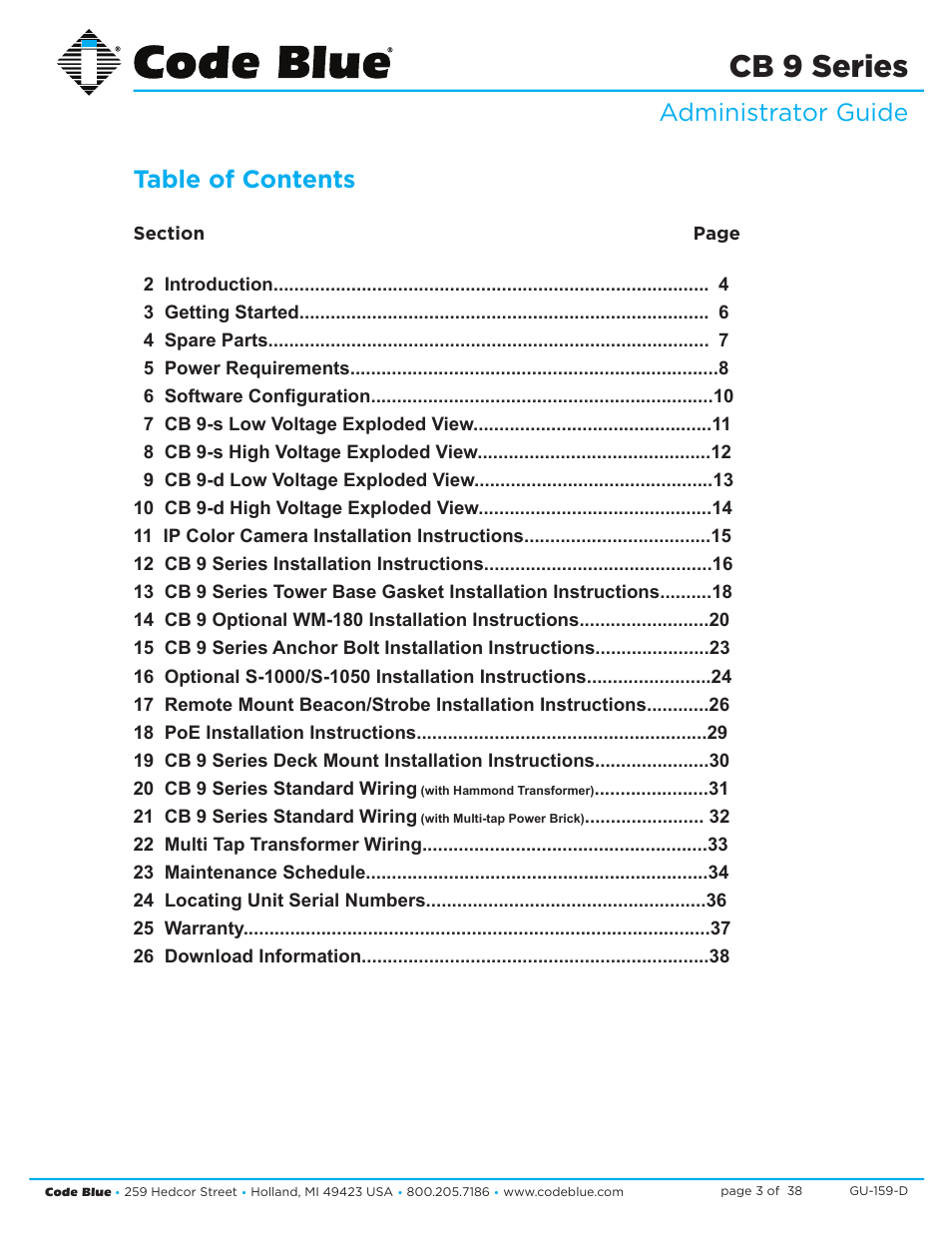 Cb 9 series, Administrator guide table of contents | Code Blue CB 9-S SIGNATURE SHORT ENCLOSURE User Manual | Page 3 / 38